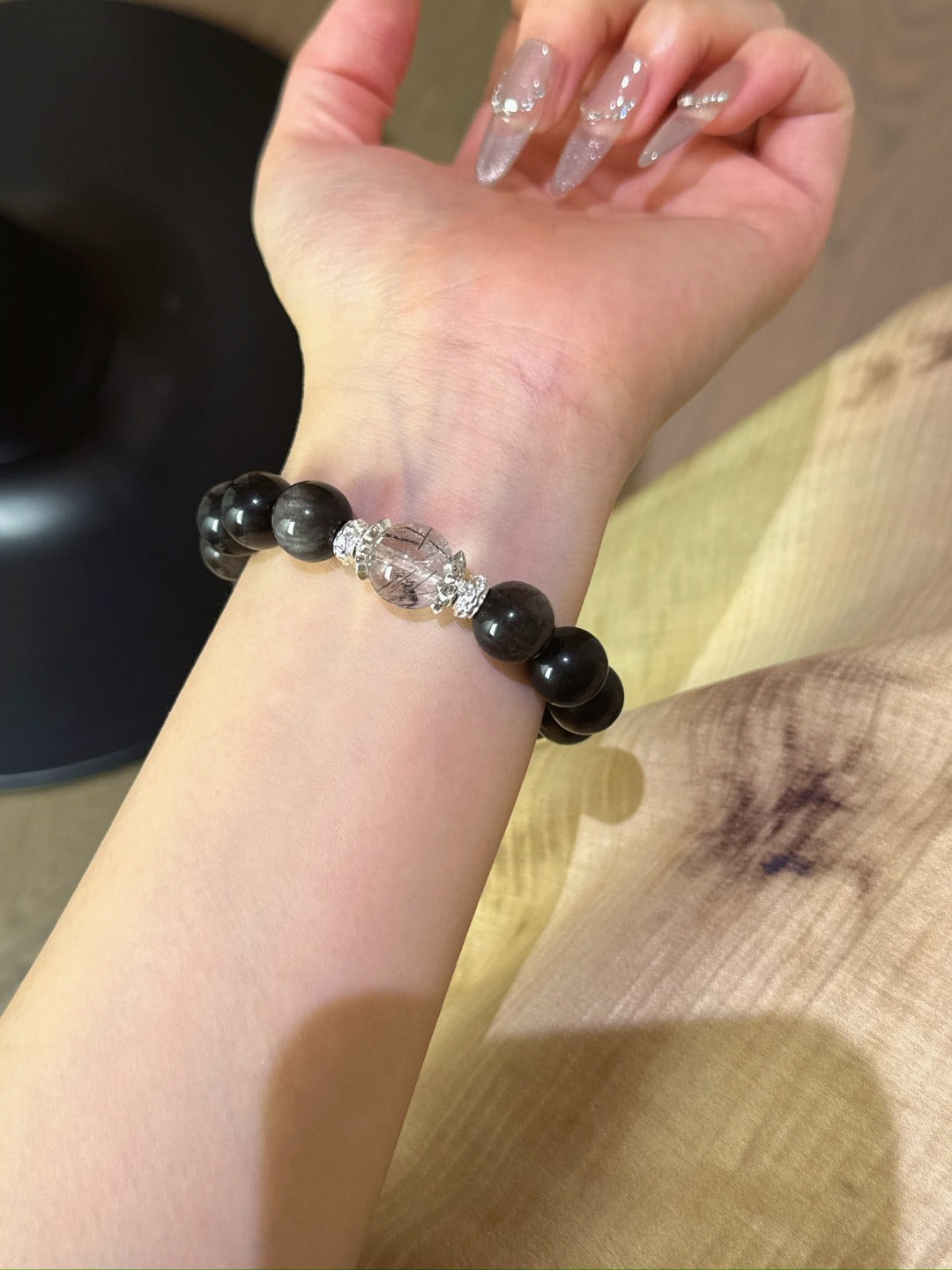 ▫️▪️ Silver obsidian black hair crystal bracelet